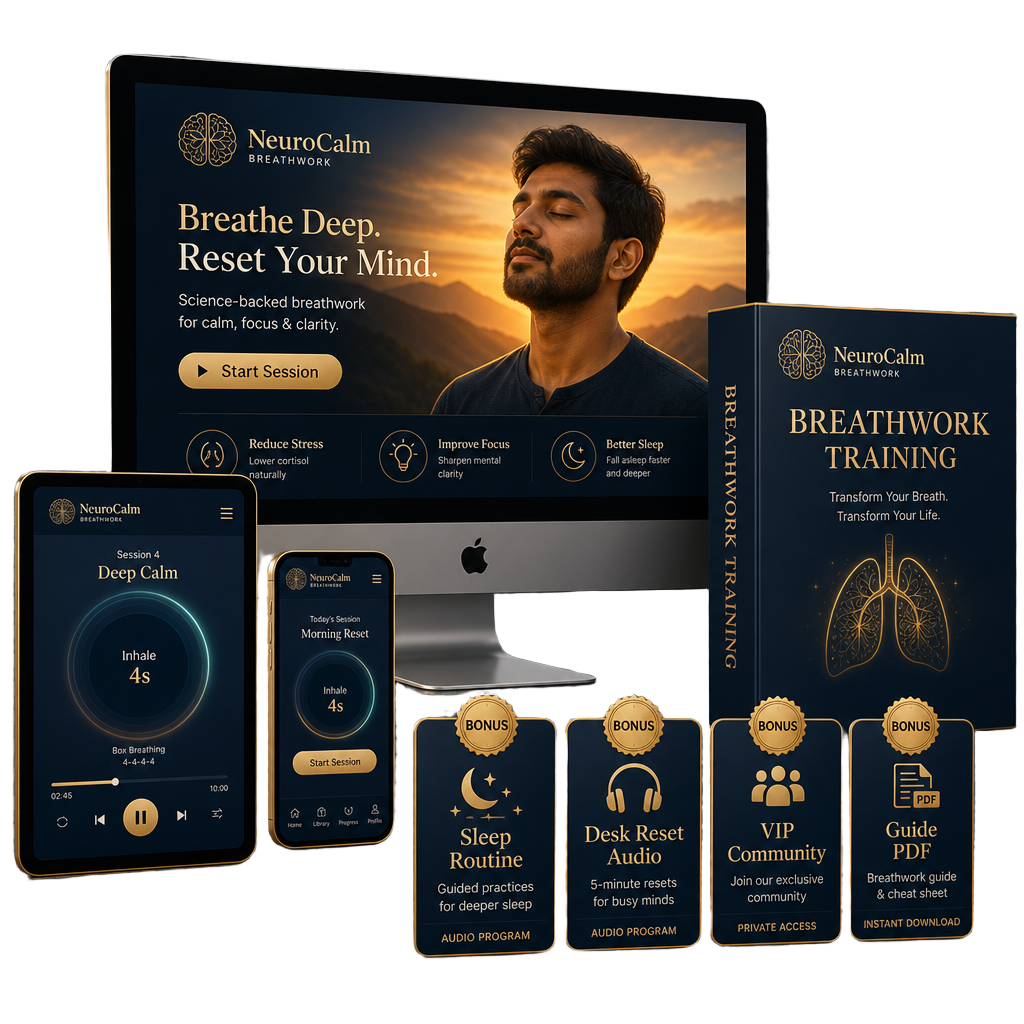 NeuroCalm Breathwork bundle including video, training, guide PDF, sleep routine, desk reset audio and VIP community